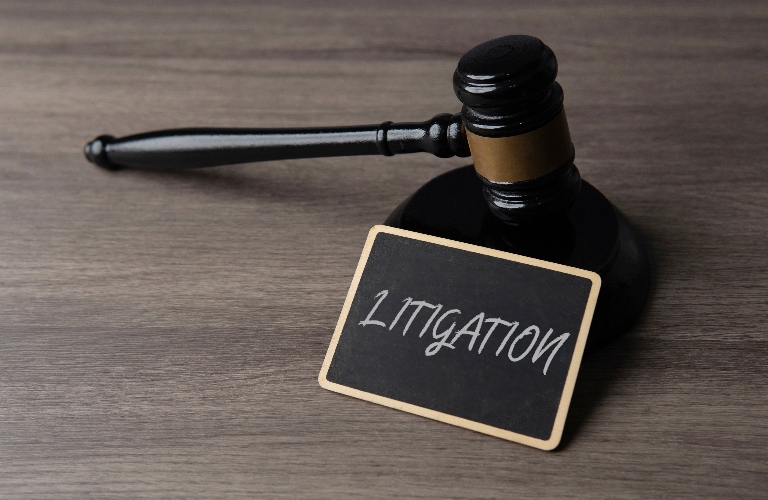 gavel and a small chalkboard with the word Litigation