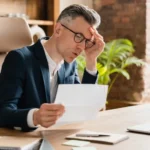 A stressed businessman rubs his forehead while reading a document at his desk with a laptop nearby_s