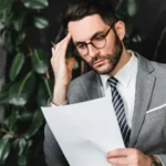 A businessman in a suit looks concerned while reviewing a document at his desk_s